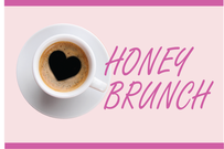 Coffee in mug with an outlined foam heart; test "Honey Brunch" on pink background