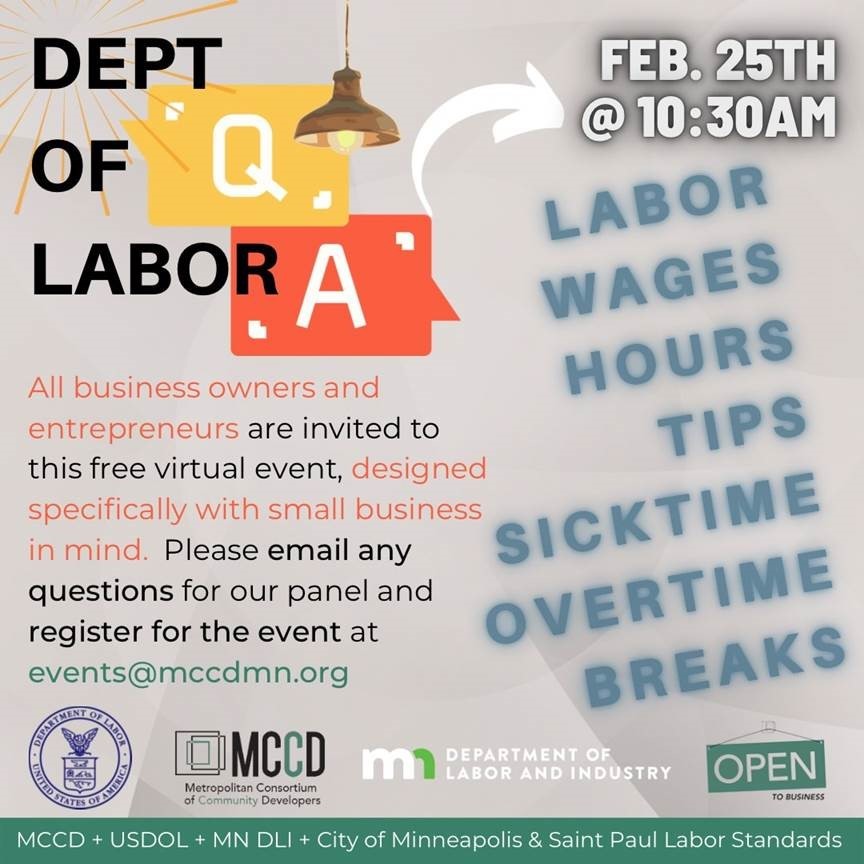 MCCD and Department of Labor Q&A event graphic, event date Feb 25 at 10:30am, virtual format