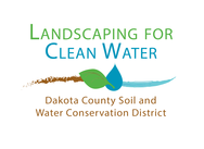 Logo design green leaf and blue water droplet, text "Landscaping for Clean Water, Dakota County Soil and Water Conservation District" 