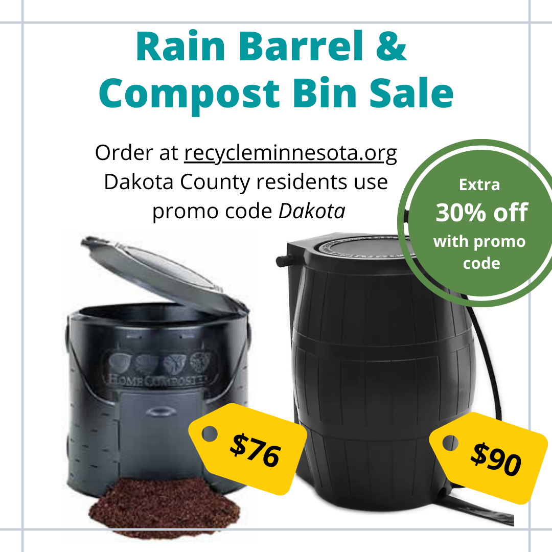 Compost bin $76, rain barrel $90, text "Extra 30% off with promo code Dakota, order at recycleminnesota.org"