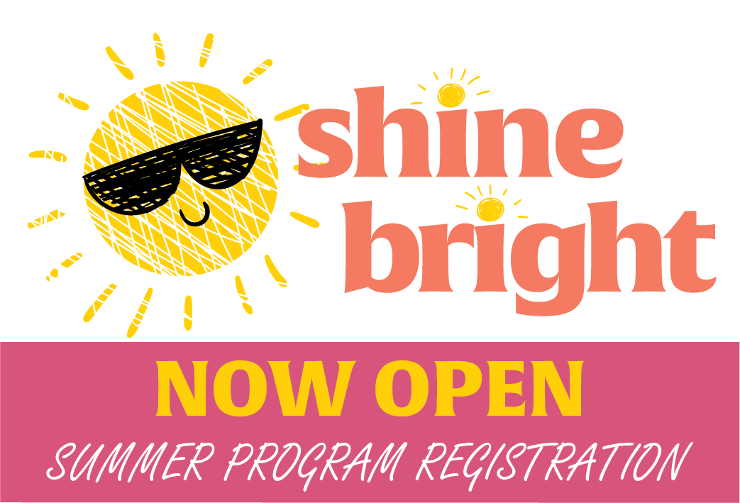 Sunshine with rays wearing dark sunglasses, text "shine bright, now open summer program registration"