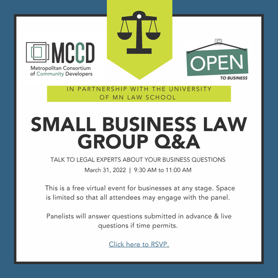 Promo for a virtual small business law Q and A session hosted by MCCD and Open to Business, March 31, 9:30 a.m. to 11 am., click for details
