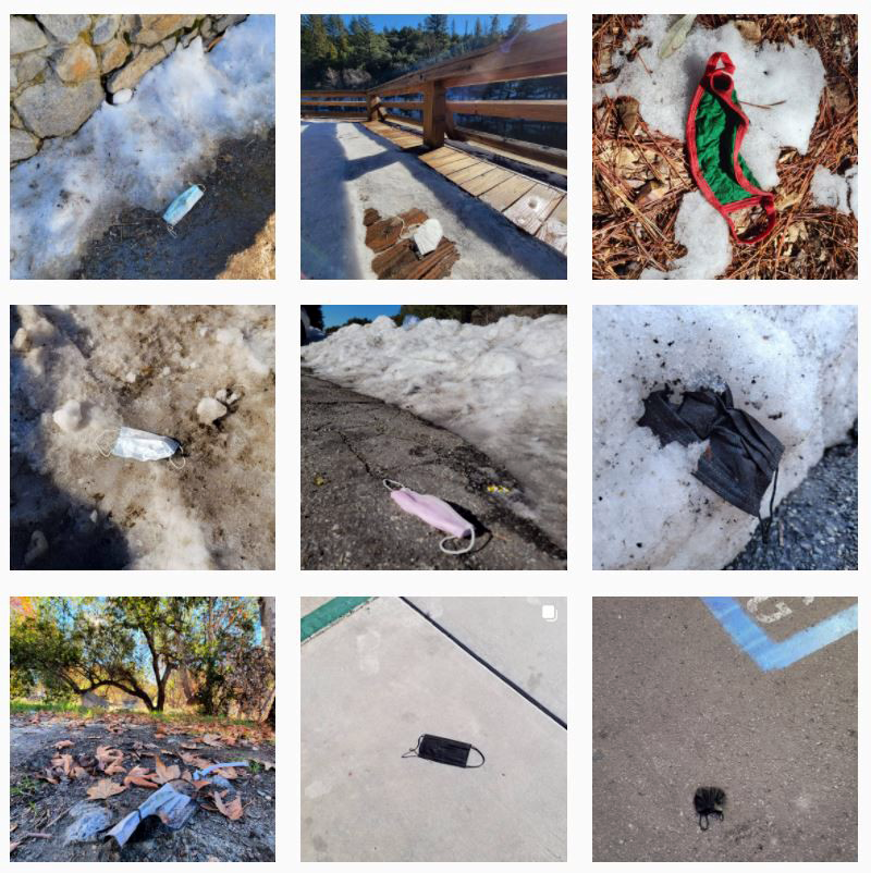 Photo collage of sidewalks, walkways, and natural areas with mask litter unveiled under snowmelt.