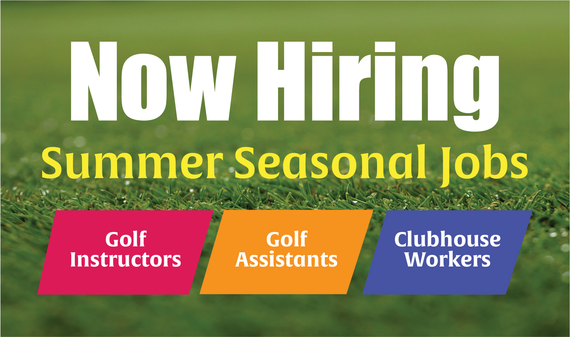 Green turf background with text "Now hiring summer seasonal jobs: golf instructors, golf assistants, clubhouse workers"