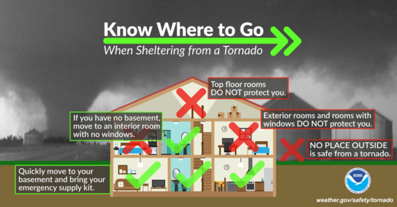 Illustration of home showing the safest places to go during severe weather/tornado are the basement; if no basement an interior first floor room.