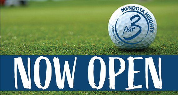 Golf ball on green with Par 3 logo, text "Now Open"