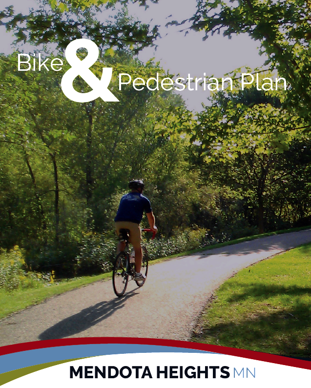 Biker pedaling along winding paved path surrounded by trees, text "Bike & Pedestrian Plan, Mendota Heights MN"