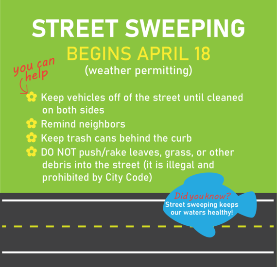 Fish icon on street, text "street sweeping begins April 18 weather permitting, you can help" see text below for details