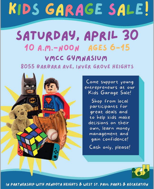 Kids toys, text "Kids Garage Sale, Saturday, April 30, 10am to noon, VMCC Gymnasium, Inver Grove Heights" see text below for details