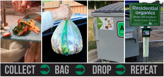 Food scraps begin scraped into organics bag, full bag, dumpster, organics signage at Mendakota Park, text "Collect, bag, drop, repeat"
