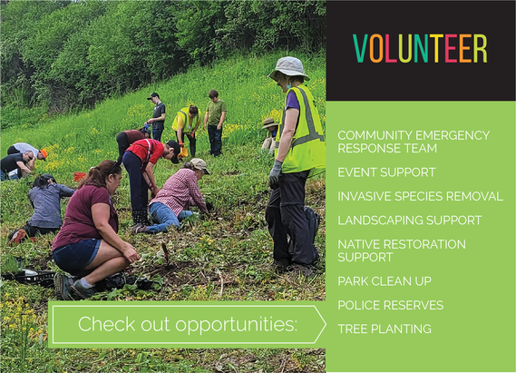 Volunteers kneeling near ground planting on green hillside, text "Volunteer, check out opportunities" see text below for more
