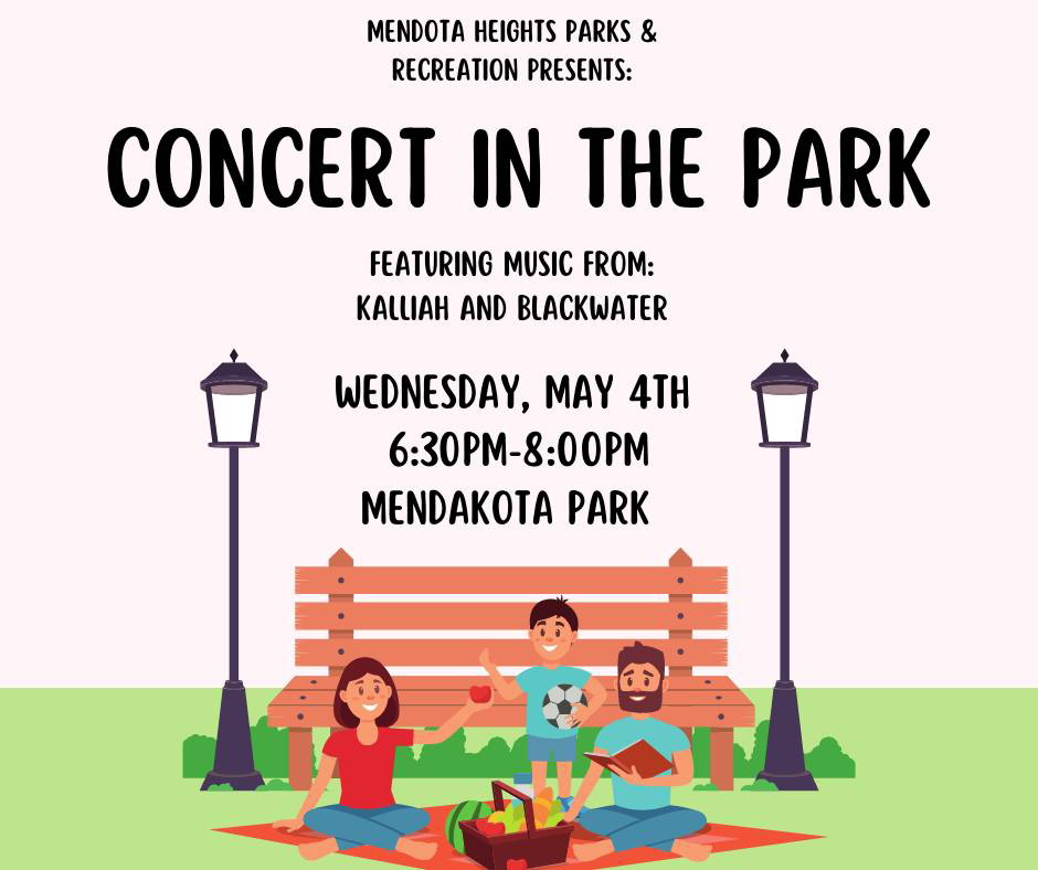 Illustration of smiling family on blanket by park bench, text "Kalliah and BlackWater concert at Mendakota Park, May 4, 6:30  to 8 p.m." 