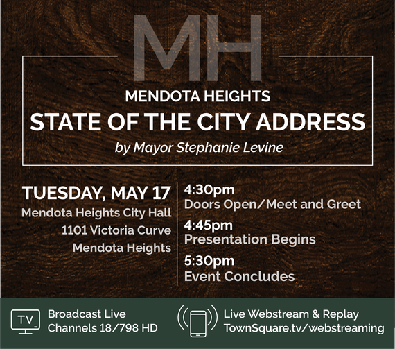 Dark wood with text "Mendota Heights State of the City Address by Mayor Stephanie Levine, May 17, 4:45 presentation" read below for more