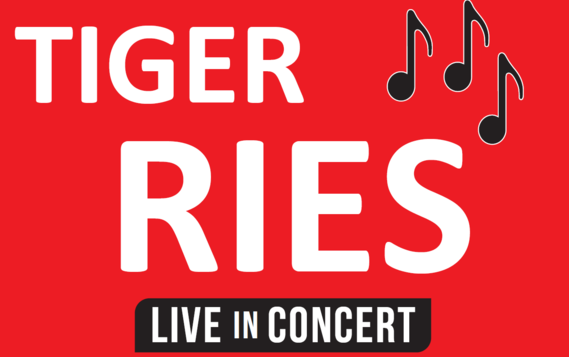 Red background with musical notes, text "Tiger Ries Live in Concert" 