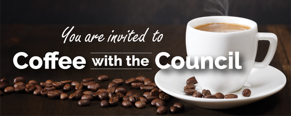 Dark table with white steaming coffee cup surrounded by coffee beans, text "You are invited to Coffee with the Council"