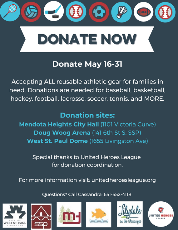 Flyer for United Heroes League donations: donate gently used sports equipment thru May 31 at City Hall; visit webpage for details.