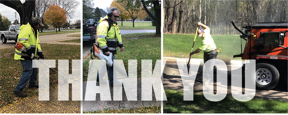 Public Works staff in safety yellow vests filling potholes and performing landscaping maintenance, text "Thank you"