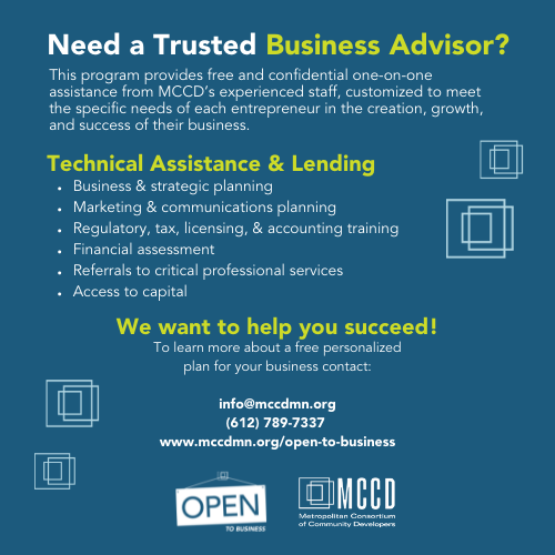 Advertisement for Open to Business, text "Need a trusted business advisor?" please follow link to mccdmn.org/open-to-business for info.