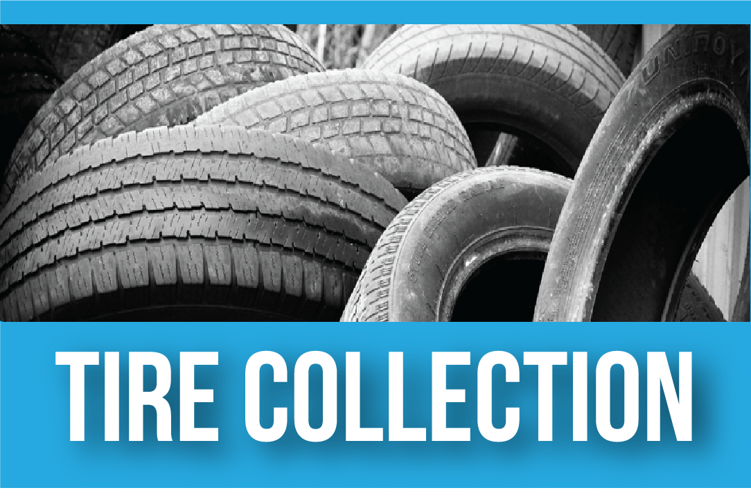 Pile of black car tires, text "Tire Collection"