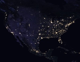 United States at night, showing brightly lit cities; NASA Worldview