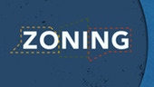 The word ‘ZONING’ in bold white letters with dashed outlines in yellow, green, and red on a dark blue background
