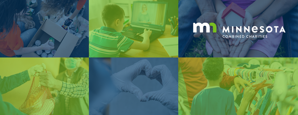 Photo collage of charity work and people giving.