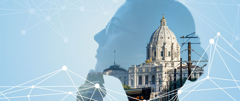 Woman with Minnesota state capitol and abstract connection lines.