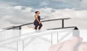 Black woman holding laptop crossing a bridge being drawn