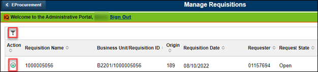 Manage Requisitions page