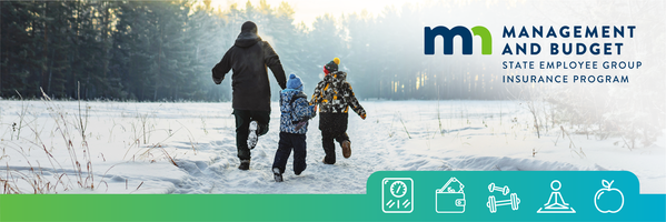State Employee Group Insurance Program (SEGIP) logo. Father and two children running through snow in the winter. 