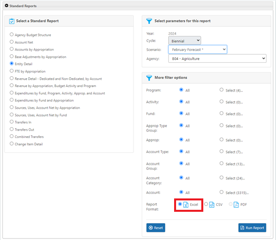 Standard Reports with excel export option highlighted