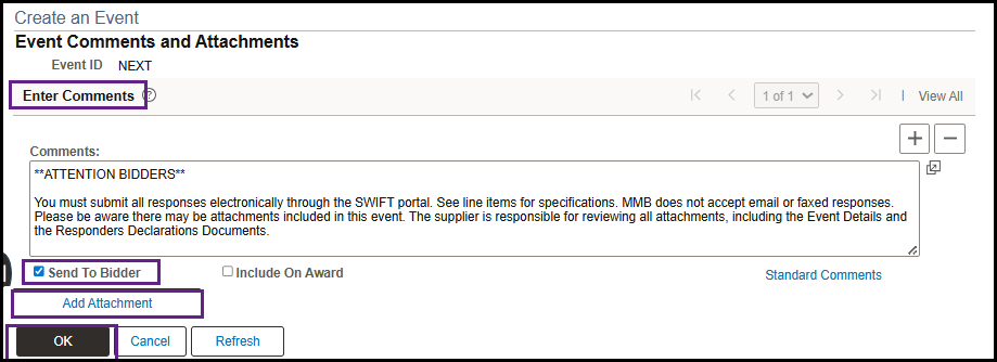 Event Comments and Attachments section