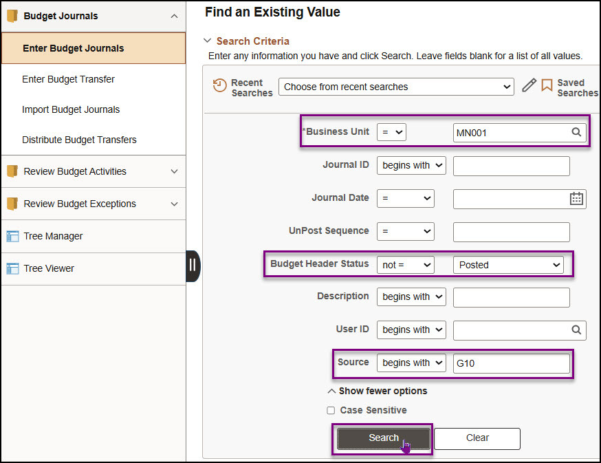 Find and existing value page for budget journals as described in text