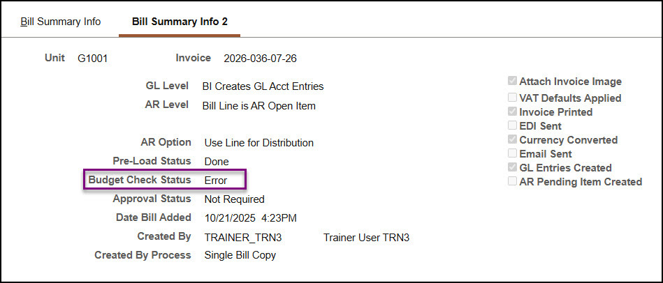 Error in the budget check status field
