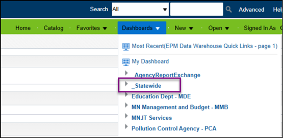 Dashboards drop down to Statewide option