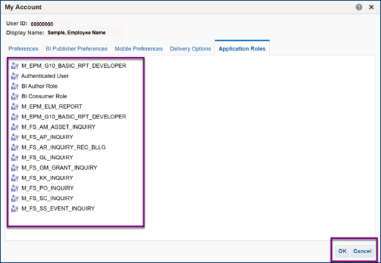 Inquiry roles list and Ok or Cancel buttons