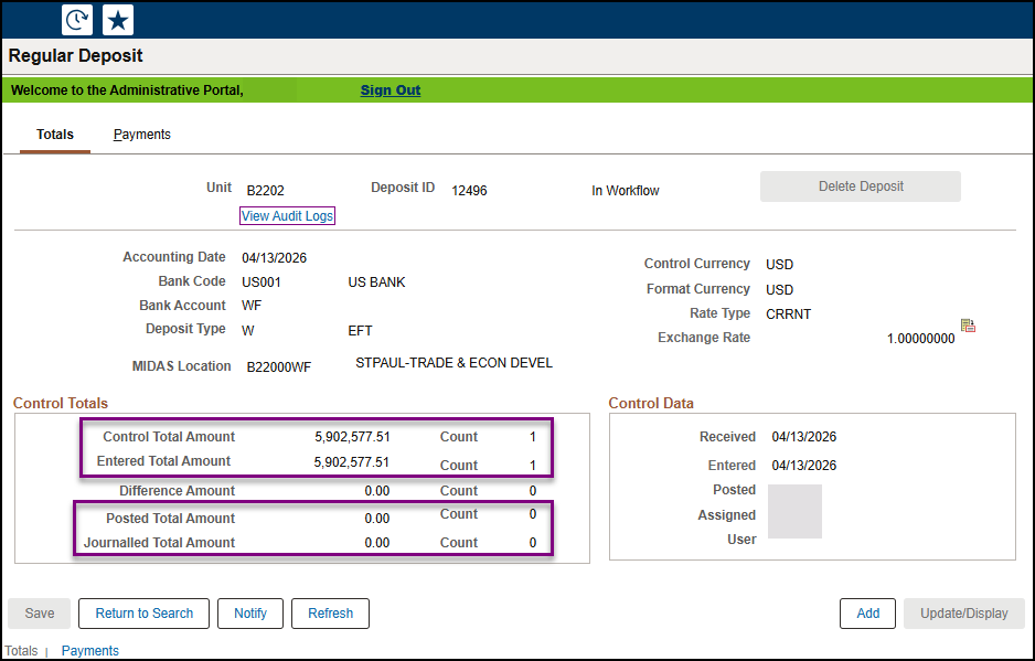 Regular Deposit, Control Totals fields