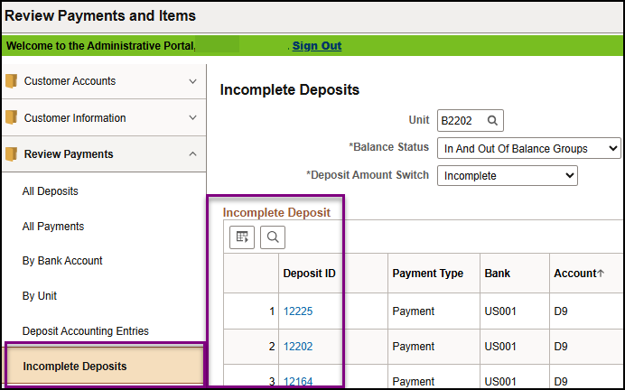 Review Payments and Items Incomplete Deposits