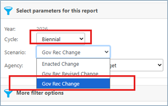 BPAS reports screen with Biennial cycle and Gov Rec Change selected in Parameters search