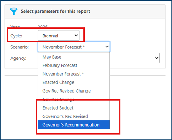 BPAS reports screen with Biennial cycle selected and Scenario options dropdown in Parameters search