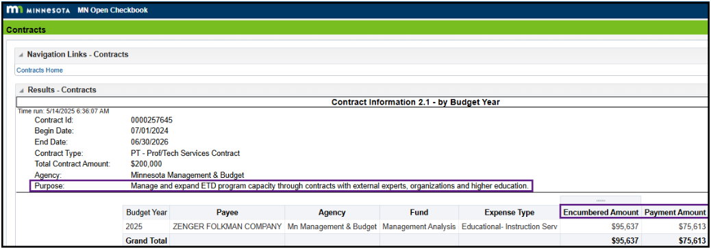 Statement of Purpose in MN Open Checkbook Example
