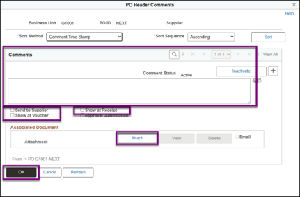 PO Comments Header Page