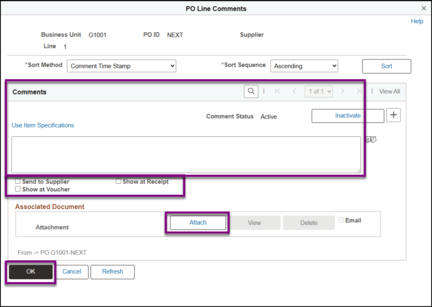 PO Line Comments page
