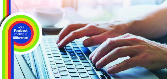 Person typing on laptop with type burst that reads your feedback makes a difference