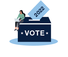 illustrated woman sitting atop oversized 2022 voting ballot box working on laptop