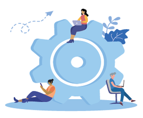 Illustrated people on atop and leaning on oversized gears learning on their cell phone & laptop