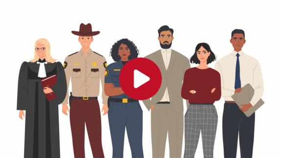 An image with animated public employees- judge, law enforcement, correctional officer and office workers.