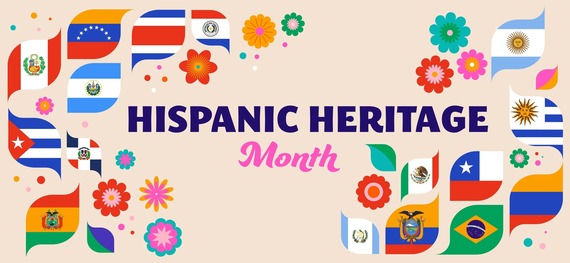 A colorful banner honoring Hispanic Heritage Month, featuring the flags of Spanish speaking countries
