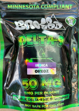Front of the packaging for BAK8D delta-9 THC gummies, flavor Oreoz, showing the product as Indica and 5mg per gummy.