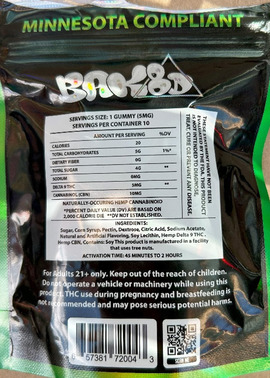 The back of the packaging for BAK8D delta-9 THC Oreoz flavored gummies, showing the serving size and other relevant information to the product.